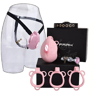 Realistic Vagina Male Chastity Cage with 4-Piece Ring Kit, Pink Jewel Anal Gold Metal Plug and Belt For Him - Chastity Devices Buy Sex Toys in Singapore LoveisLove U4Ria