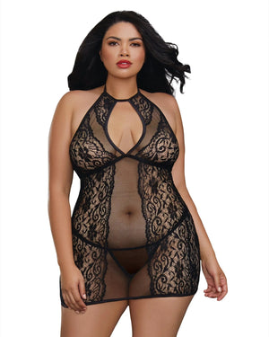 Dreamgirl Plus Size 11515X Baby Fishnet and Lace Halter Chemise with G-String
