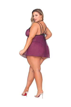 Dreamgirl Plus Size 12264X Stretch Mesh Babydoll & G-String Set with Venise Lace Trim