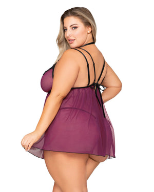 Dreamgirl Plus Size 12264X Stretch Mesh Babydoll & G-String Set with Venise Lace Trim