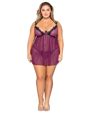 Dreamgirl Plus Size 12264X Stretch Mesh Babydoll & G-String Set with Venise Lace Trim