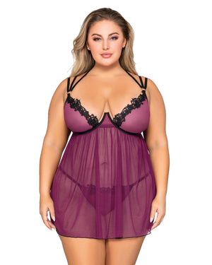 Dreamgirl Plus Size 12264X Stretch Mesh Babydoll & G-String Set with Venise Lace Trim