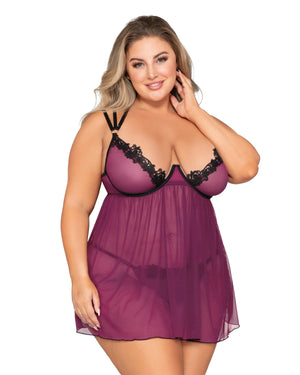 Dreamgirl Plus Size 12264X Stretch Mesh Babydoll & G-String Set with Venise Lace Trim