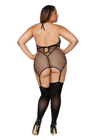 Dreamgirl Plus Size 12804X Two-layer stretch fishnet garter slip with faux-vinyl inside teddy.