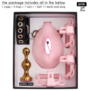 Realistic Vagina Male Chastity Cage with 4-Piece Ring Kit, Pink Jewel Anal Gold Metal Plug and Belt For Him - Chastity Devices Buy Sex Toys in Singapore LoveisLove U4Ria