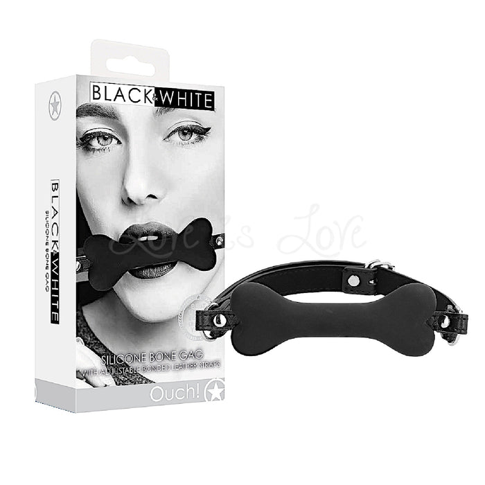 Shots Ouch! Black & White Silicone Bone Gag With Adjustable Bonded Leather Straps