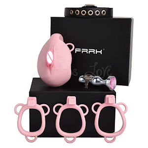 Realistic Vagina Male Chastity Cage with 4-Piece Ring Kit, Pink Jewel Anal Gold Metal Plug and Belt For Him - Chastity Devices Buy Sex Toys in Singapore LoveisLove U4Ria