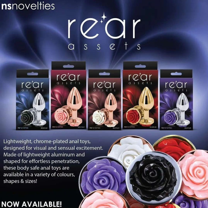 NS Novelties Rear Assets Rose Anal Plug Gold/Red or Silver/Black or Rose Gold/Pink or Silver/Purple