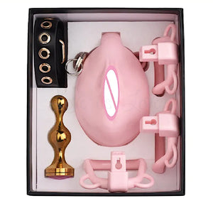 Realistic Vagina Male Chastity Cage with 4-Piece Ring Kit, Pink Jewel Anal Gold Metal Plug and Belt For Him - Chastity Devices Buy Sex Toys in Singapore LoveisLove U4Ria