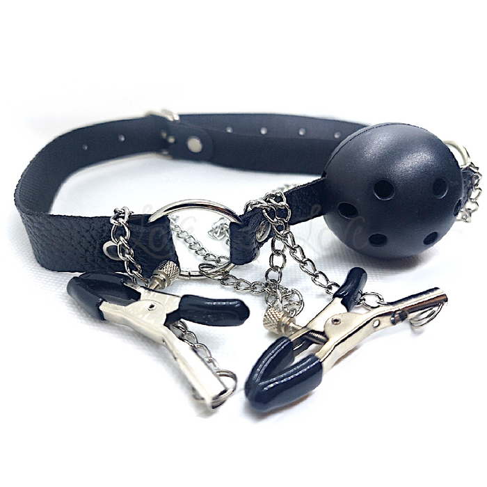 Breathable Ball Gag with Adjustable Straps & Nipple Clamps