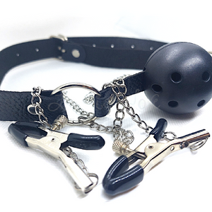 Breathable Ball Gag with Adjustable Straps & Nipple Clamps Bondage - Ball & Bit Gags Buy Sex Toys in Singapore LoveisLove U4Ria