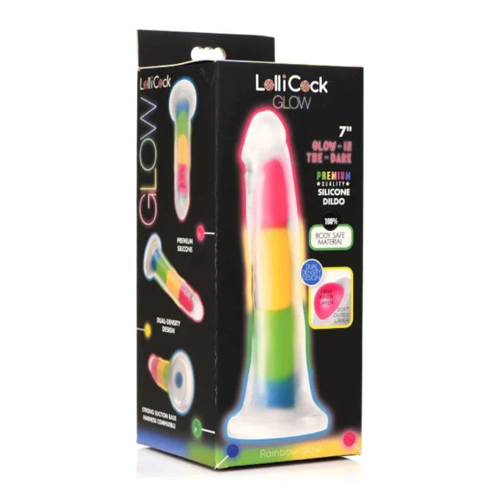 Curve Toys Lollicock 7 Inch Glow in the Dark Suction Cup Silicone Dildo Rainbow