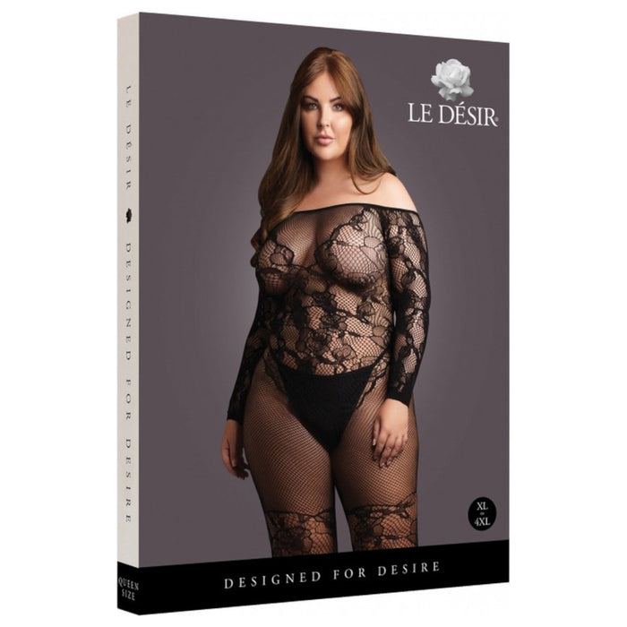 Le Désir Bodystocking with Off-Shoulder Long Sleeves Black