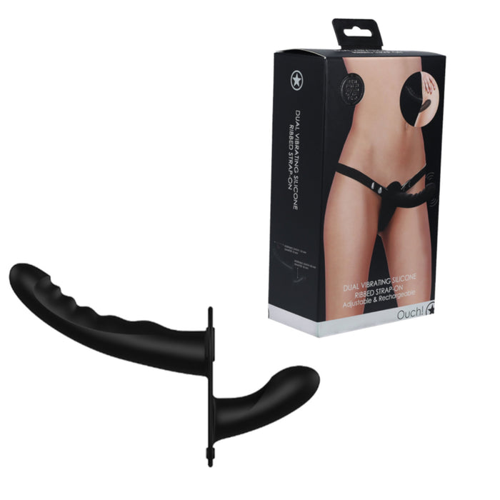 Shots Ouch! Dual Vibrating Silicone Ribbed Strap-On Adjustable Black