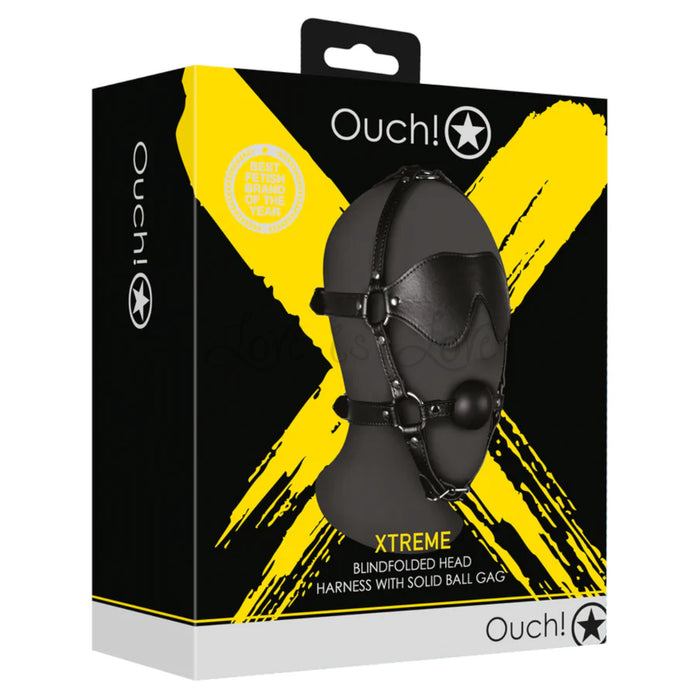 Shots Ouch! Xtreme Blindfolded Head Harness with Solid Ball Gag Black