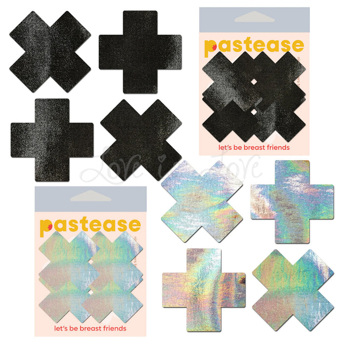 Pastease Petite Plus X Crosses Pasties Liquid Black or Holographic Silver (2 Pairs)