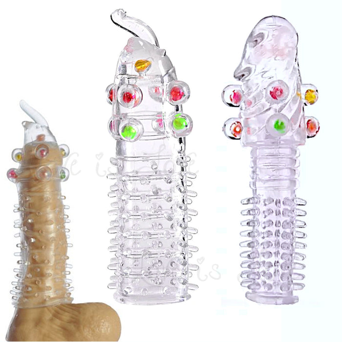 Transparent Penis Nubby Textured Extension Sleeve With Crystal Beads