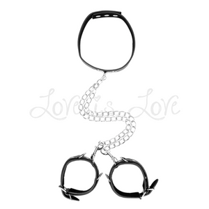 Shots Ouch! Black & White Adjustable Bonded Leather Collar With Hand Cuffs & Chain Buy in Singapore Loveislove U4ria